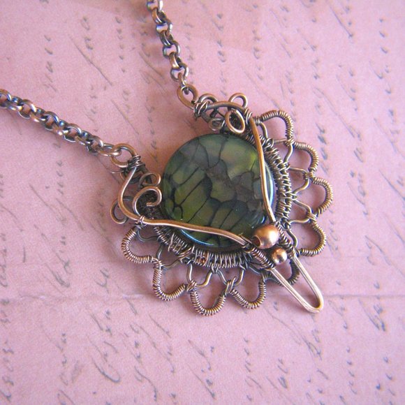 Handcrafted Green Dragon Vein Agate and Copper Necklace - Picture 1 of 2